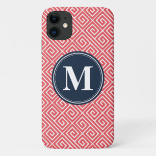 Watermelon Pink Greek Key Pattern Navy Monogram Case-Mate iPhone Case