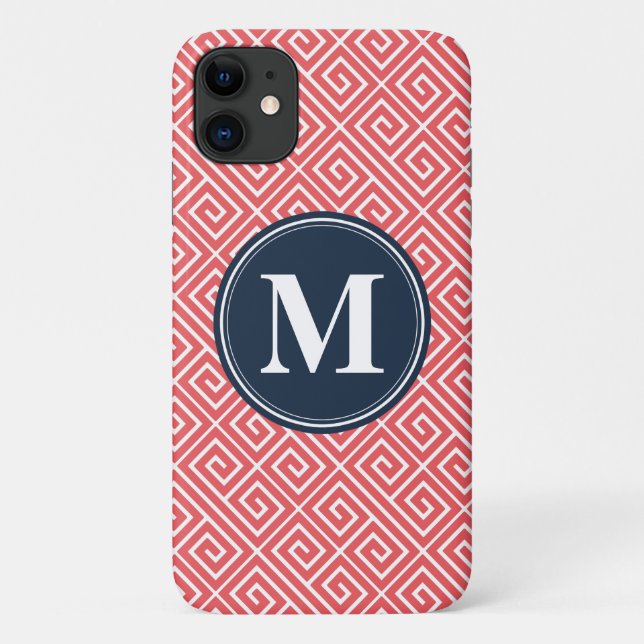 Watermelon Pink Greek Key Pattern Navy Monogram Case-Mate iPhone Case (Back)