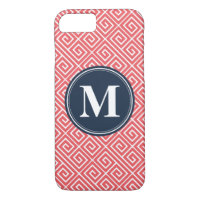 Watermelon Pink Greek Key Pattern Navy Monogram