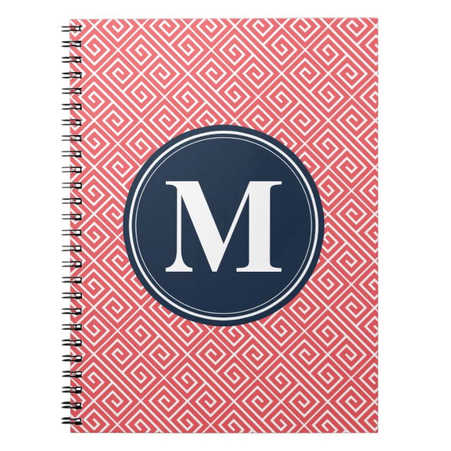 Watermelon Pink Greek Key Pattern Navy Monogram Notebook (Front)