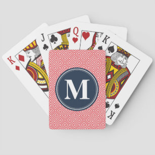 Watermelon Pink Greek Key Pattern Navy Monogram Playing Cards