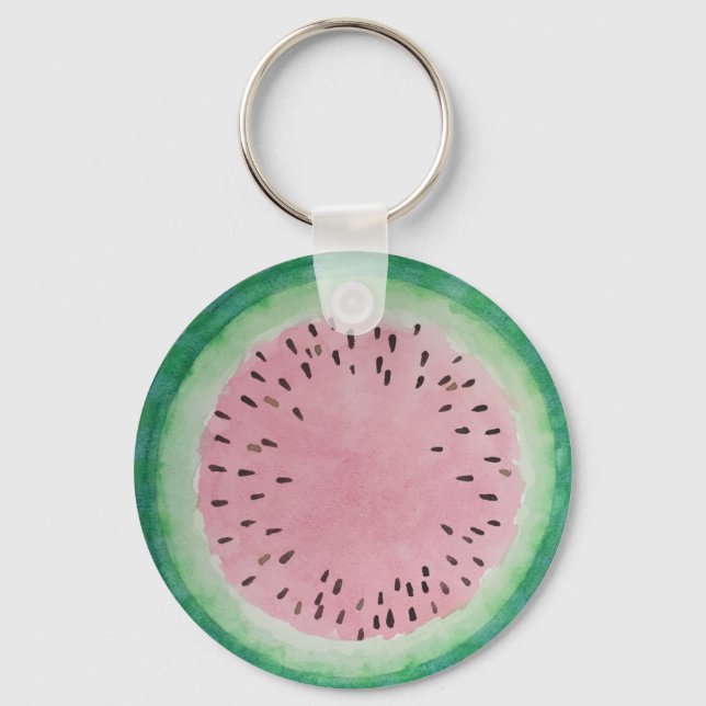 Watermelon Pink & Green Hand Painted Watercolor Key Ring (Front)