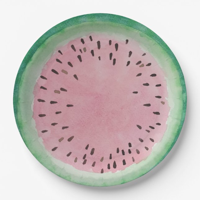 Watermelon Pink & Green Hand Painted Watercolor Paper Plate (Front)