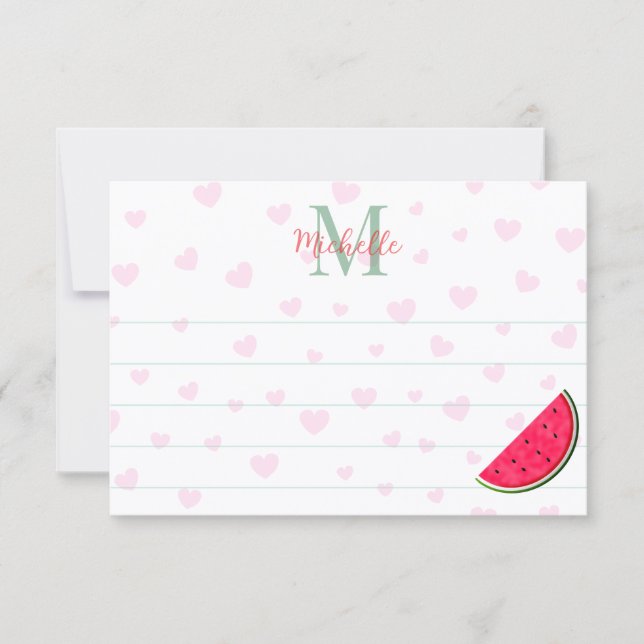 Watermelon Pink Hearts Custom Monogram Lined Card (Front)