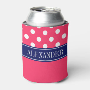 Watermelon Pink LG Polka Dot CB Navy Name Monogram Can Cooler