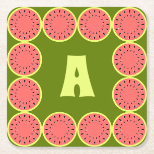 Watermelon Pink Multi Monogram Square Paper Coaster