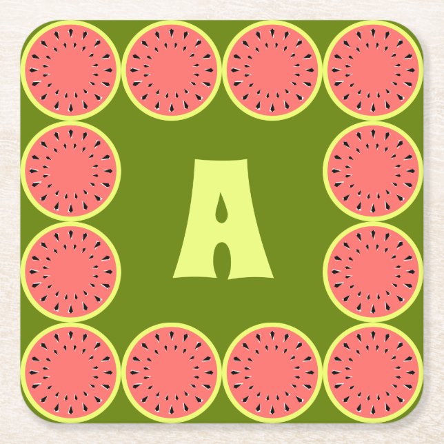 Watermelon Pink Multi Monogram Square Paper Coaster (Front)