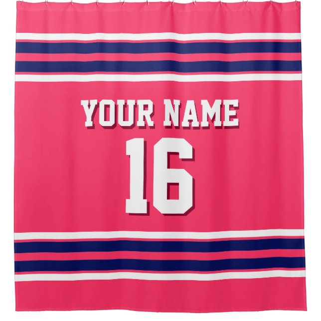 Watermelon Pink Navy White Stripes Sports Jersey Shower Curtain (Front)
