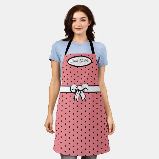 Watermelon Pink Polka Dot White Bow Personalised Apron (Worn)