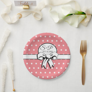 Watermelon Pink White Polka Dots Bow Personalised Paper Plate