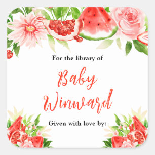 Watermelon Pomegranate Baby Shower Bookplate Square Sticker
