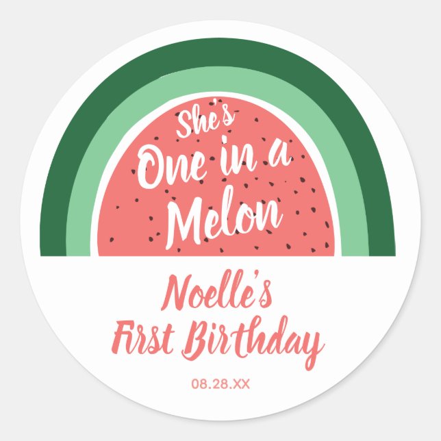 Watermelon Rainbow, She's One in a Melon 1st Bday Classic Round Sticker (Front)