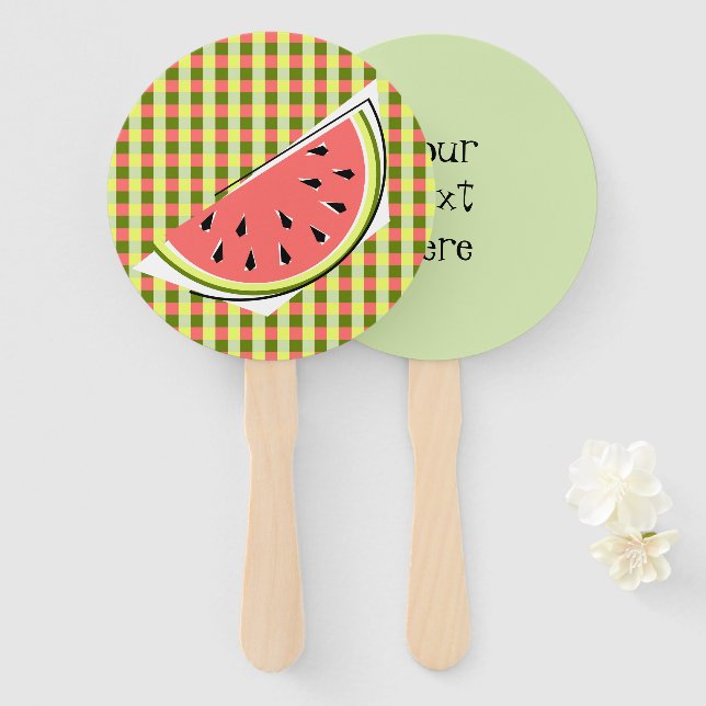 Watermelon Slice Check Text Hand Fan (Front and Back)