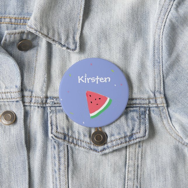 Watermelon slice custom name blue 7.5 cm round badge (In Situ)
