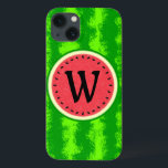 Watermelon Slice Summer Fruit with Rind Monogram iPhone 13 Case<br><div class="desc">This pretty watermelon monogram design has a round fruit that looks like it's been sliced, so the juicy pink-red flesh of the melon shows through, along with a circle of black watermelon seeds. The berry also has a speckled green, mottled rind pattern. Use the template to easily add your initial...</div>