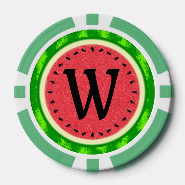 Watermelon Slice Summer Fruit with Rind Monogram Poker Chips (Front)