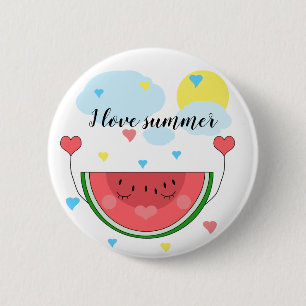 Watermelon slice, text, "I love summer", 6 Cm Round Badge