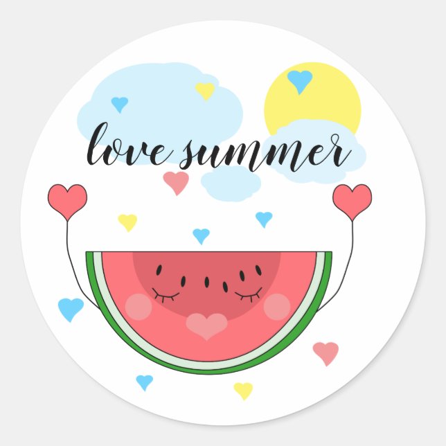 Watermelon slice, text, "I love summer", Classic Round Sticker (Front)