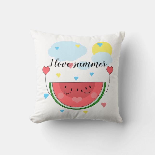 Watermelon slice, text, "I love summer", Cushion (Front)