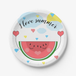 Watermelon slice, text, "I love summer", Paper Plate