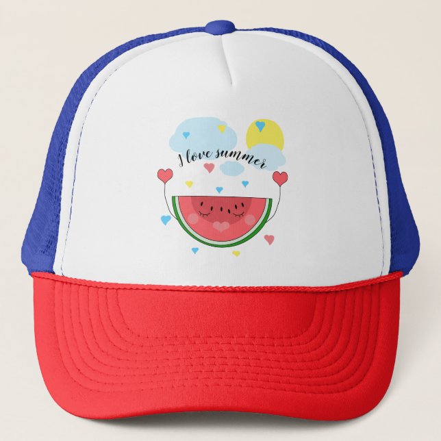 Watermelon slice, text, "I love summer" Trucker Hat (Front)