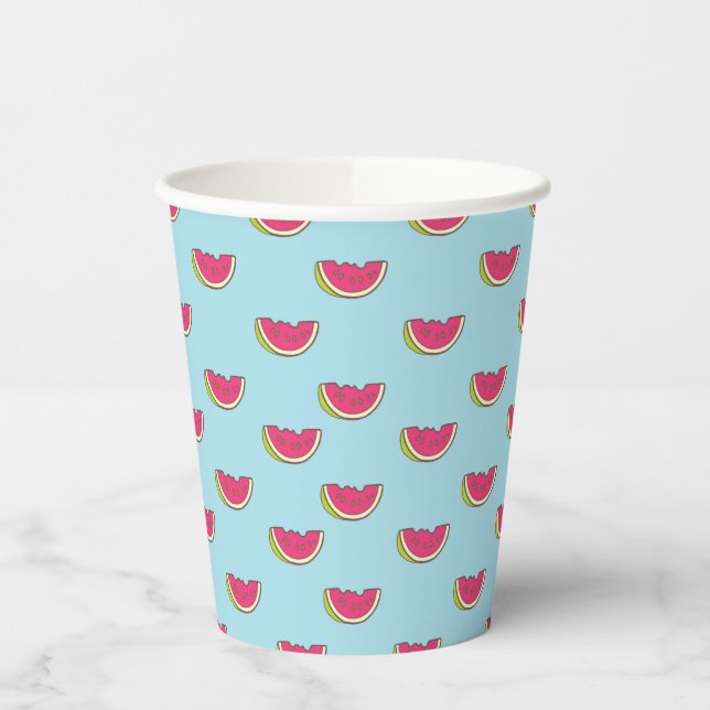 Watermelon Slices on Teal Pattern Paper Cups (Left)