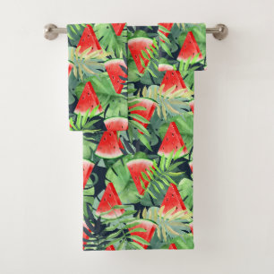 Watermelon slices with tropical leaves bath towel set