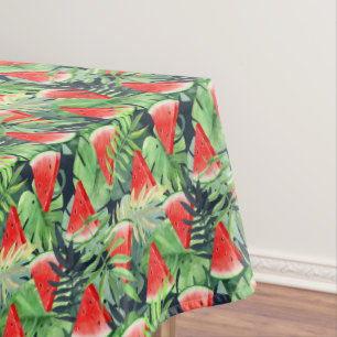 Watermelon slices with tropical leaves tablecloth
