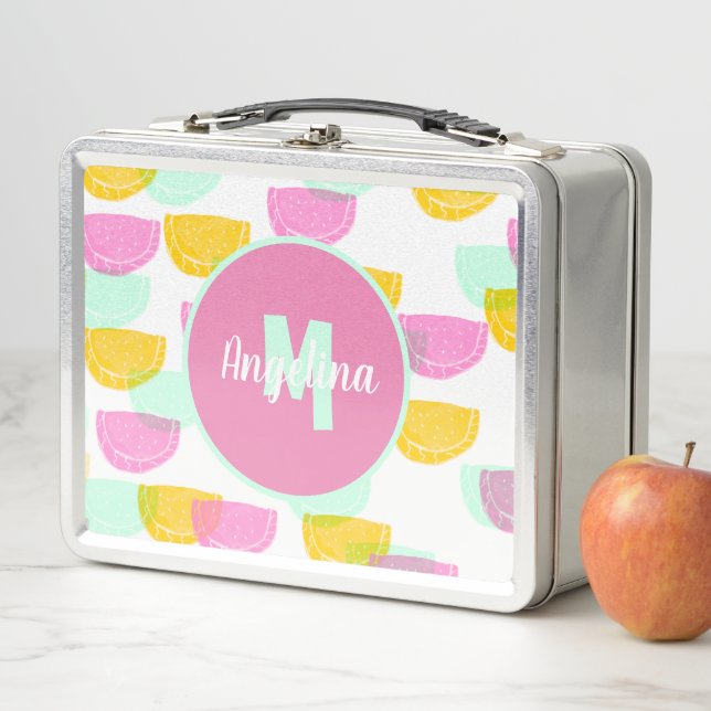 Watermelon Stamps Bright Colourful Monogrammed Metal Lunch Box (In Situ)