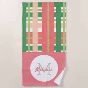 Watermelon Stripes Plaid Vertical Monogram Beach Towel
