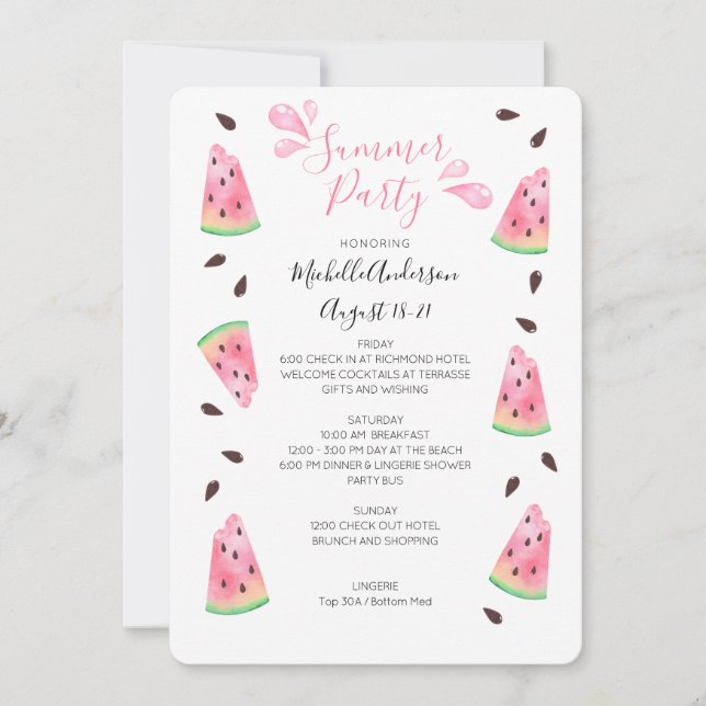 Watermelon Summer Bachelorette Weekend Itinerary Invitation (Front)