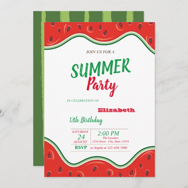 Watermelon, Summer  Birthday Party Invitation (Front/Back)
