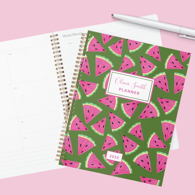 Watermelon Summer Fruit pattern Planner (Green and pink tropical fruit watermelon planner with custom text. Perfect for family organisation)