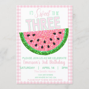 Watermelon, Sweet to be three, girls Glitter Invitation