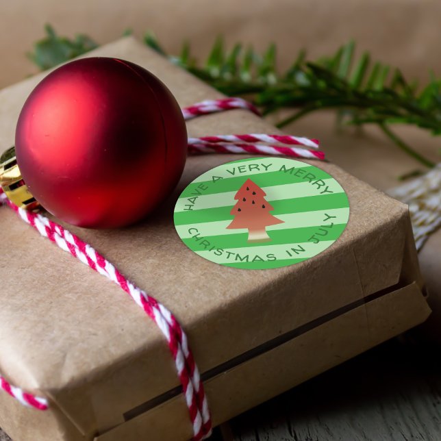 Watermelon Tree Christmas in July Green Stripe  Classic Round Sticker (Have a very merry Christmas in July (and the one in December too))