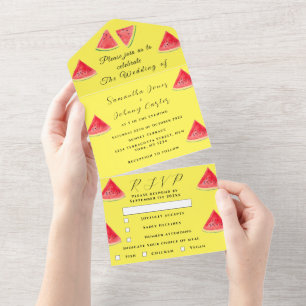 Watermelon Tropical Fruit Trendy Yellow Wedding All In One Invitation