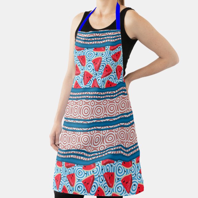 Watermelon Watercolor Stripes and Circles Apron (Insitu)