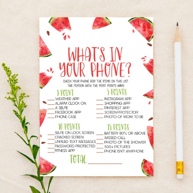 Watermelon What's In Your Phone Baby Shower Game Stationery (Creator Uploaded)