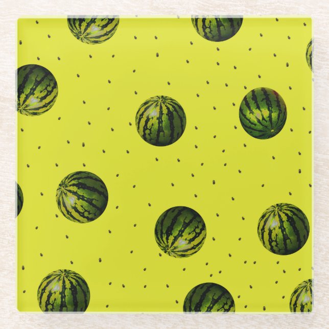 Watermelon with Seeds Pattern (yellow) Glass Coaster (Front)