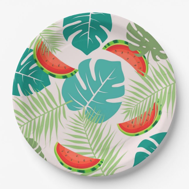 Watermelons and Tropical Leaves Paper Plate (Front)