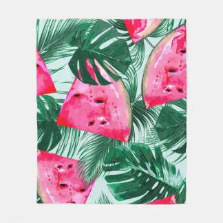 Watermelons, palm leaves: tropical seamless patter fleece blanket