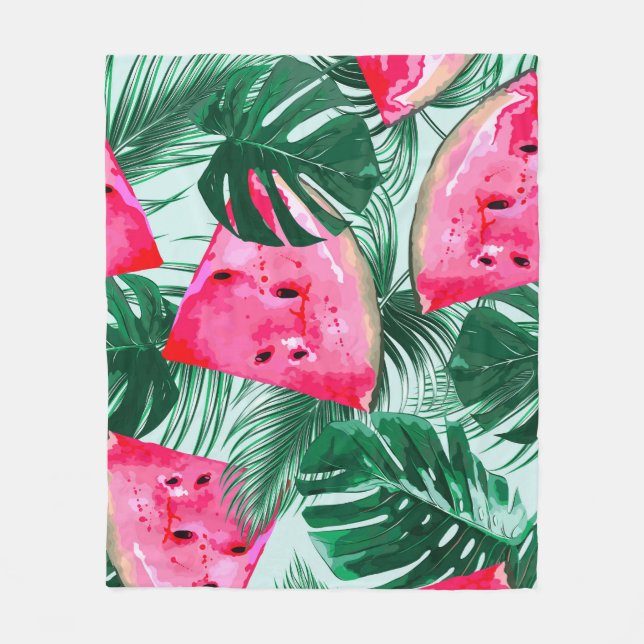Watermelons, palm leaves: tropical seamless patter fleece blanket (Front)