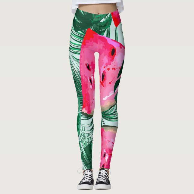 Watermelons, palm leaves: tropical seamless patter leggings (Front)