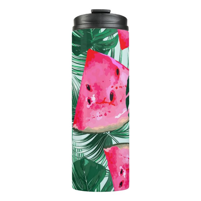 Watermelons, palm leaves: tropical seamless patter thermal tumbler (Front)