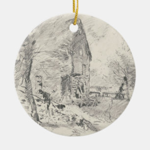Watermill at Newbury (pencil) Ceramic Tree Decoration
