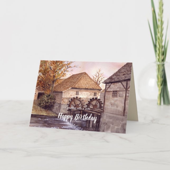 Watermill Watercolor Painting by Farida Greenfield Card (Front)
