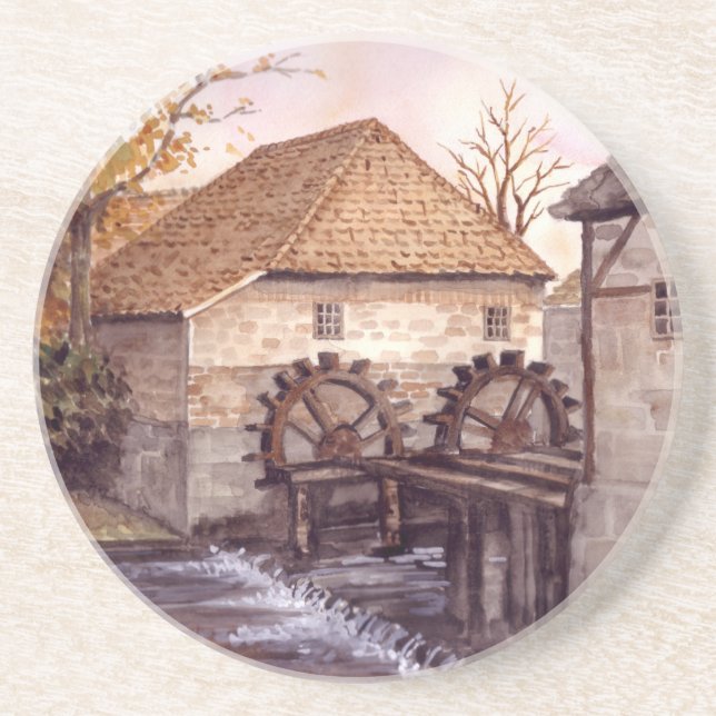 Watermill Watercolor Painting by Farida Greenfield Coaster (Front)