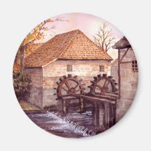 Watermill Watercolor Painting by Farida Greenfield Magnet