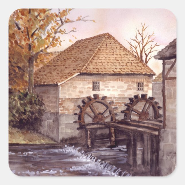 Watermill Watercolor Painting by Farida Greenfield Square Sticker (Front)