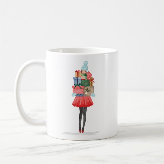 Waterolor Christmas Lovin' Girl Present Delivery Coffee Mug (Left)